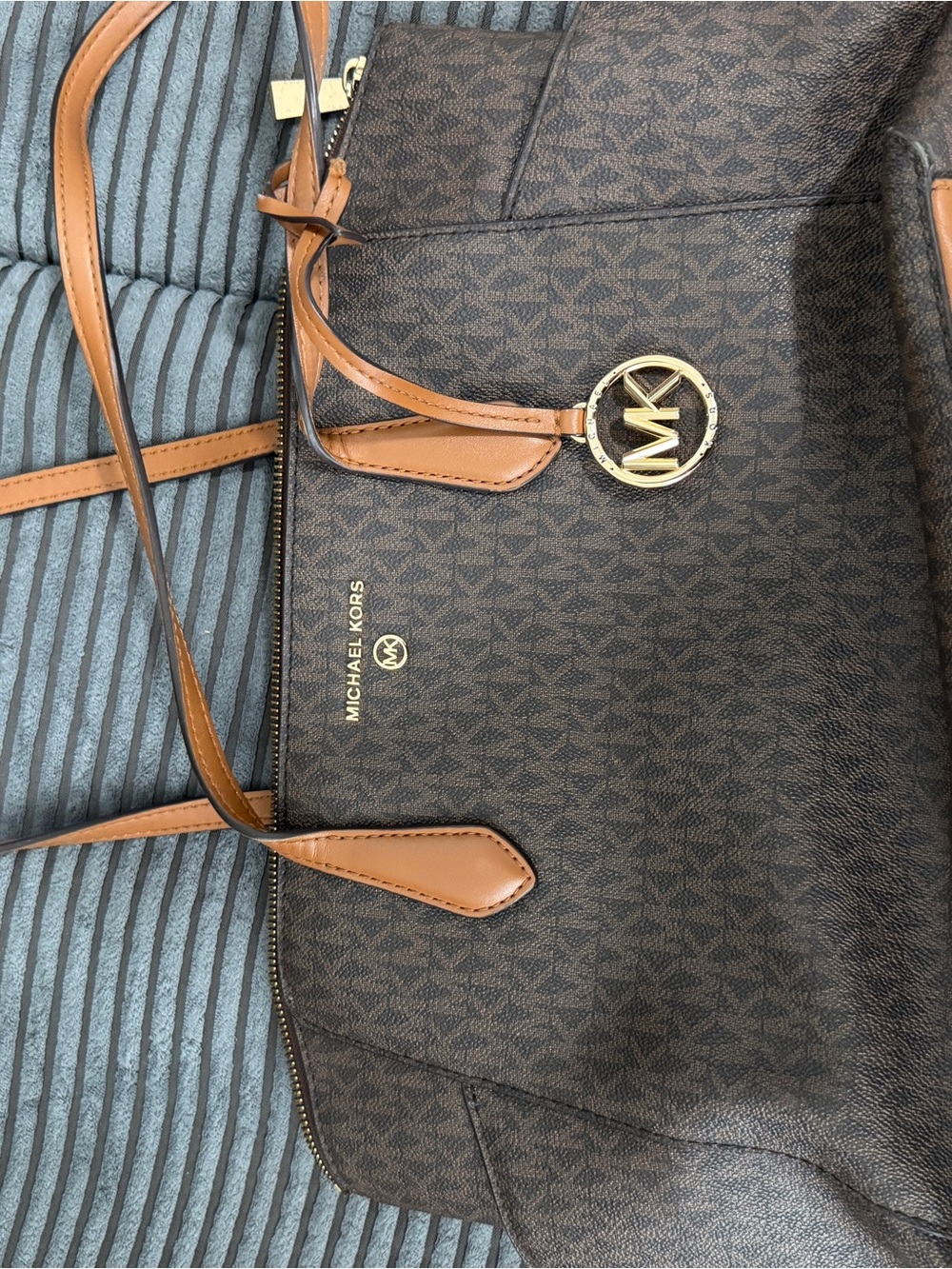 Michael Kors Jet Set Travel Brown MK Logo Tote Bag Leather Trim
